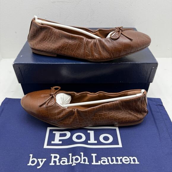 NIB Polo Ralph Lauren Soft Croc Embossed Leather Ballet Flats Brown Size 7.5 B - Picture 1 of 8